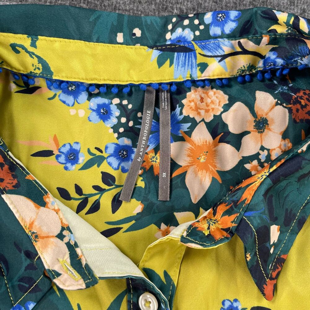 Anthropologie Floral Patchwork Blouse 3X Yellow Green Colorblock Button Shirt - Picture 4 of 12